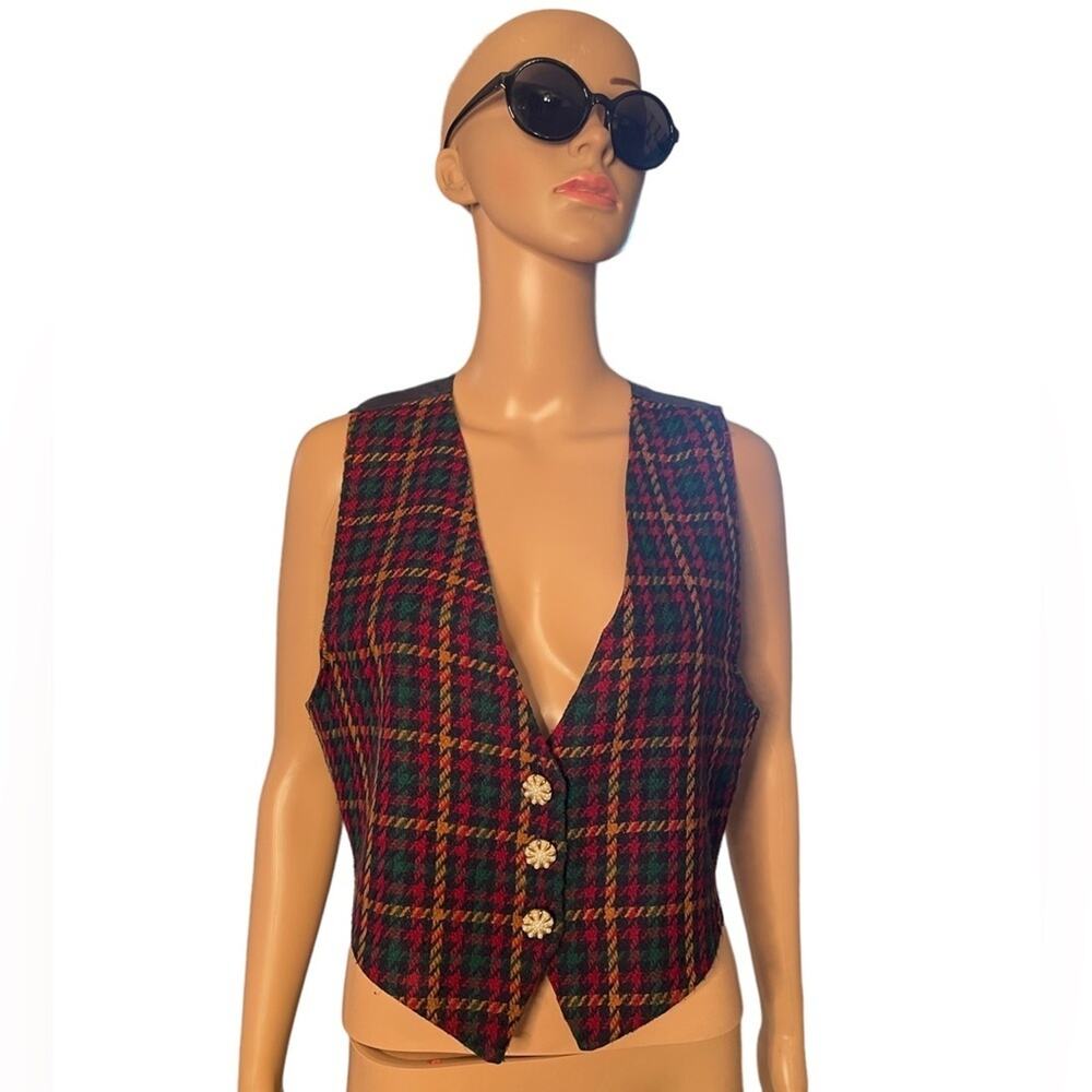 VTG Bentley VEST Women M Black Red Checkered Plaid Tweed Pearl Button Classic